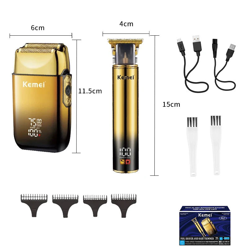 A Kemel electric hair and beard trimmer kit shown with various attachments and dimensions.