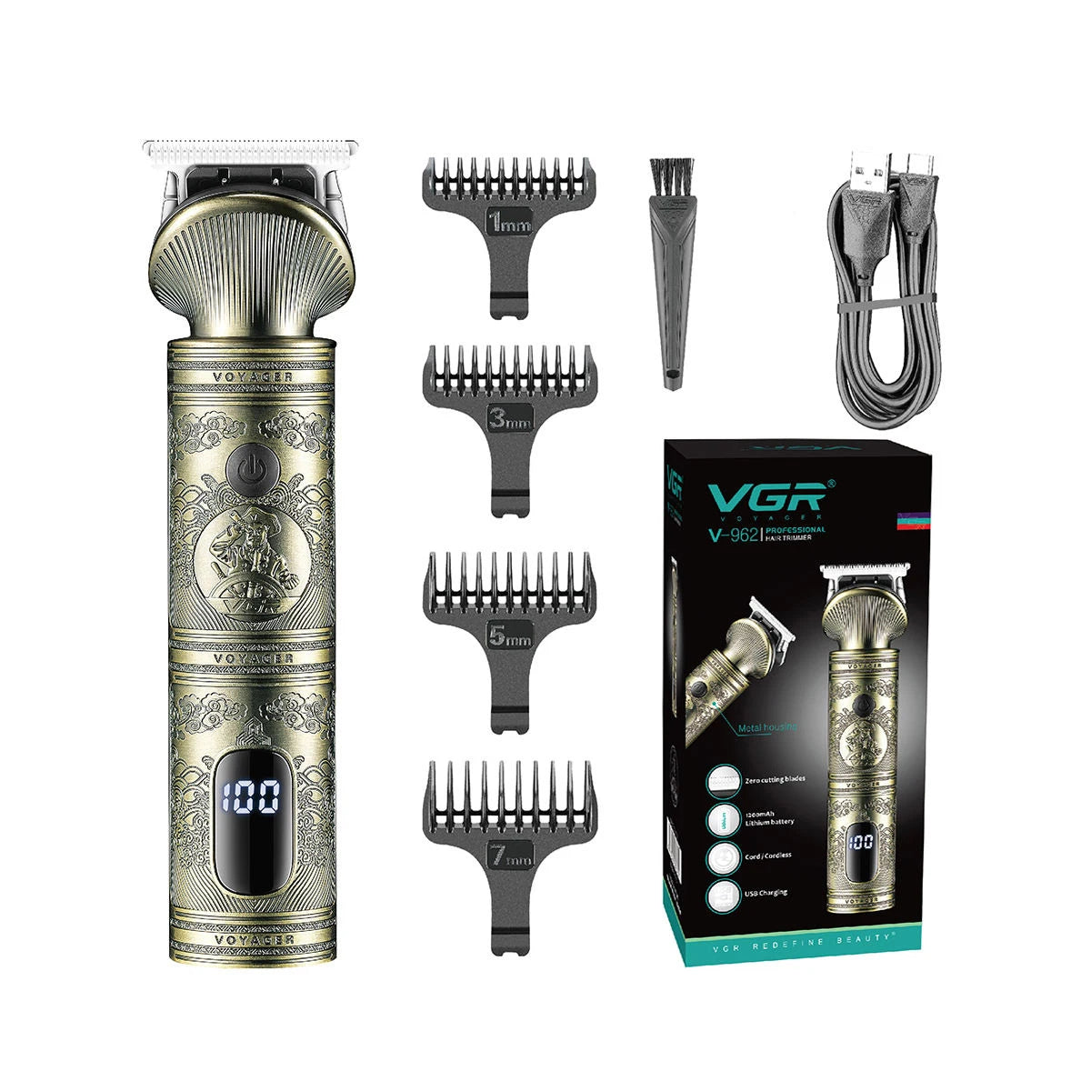 A set of professional electric hair trimmers including various guards and attachments in a vertical packaging box.