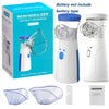 A white portable mesh nebulizer device with clear components and an instruction manual box.