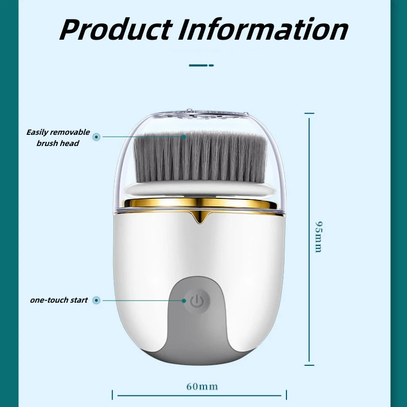 A white electric facial cleanser brush with a removable brush head shown in a product information diagram.