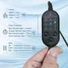 A hand holds a black abdominal heating pad with various temperature and timer indicators.