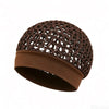 A dark brown crocheted satin wrap cap bonnet for hair and sleeping.