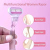 A multifunctional women's razor with a pink handle and shaving head is shown next to illustrations of hair types.