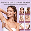 Una mujer usando una recortadora eléctrica multifuncional para eliminar vello facial, de espalda, axilas y bikini.