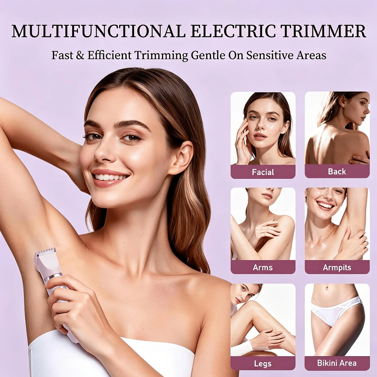 Una mujer usando un recortador eléctrico multifuncional para eliminar el vello facial, de espalda, axilas y bikini.