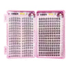A pink plastic lash tray containing 32 pairs of false eyelashes for application.