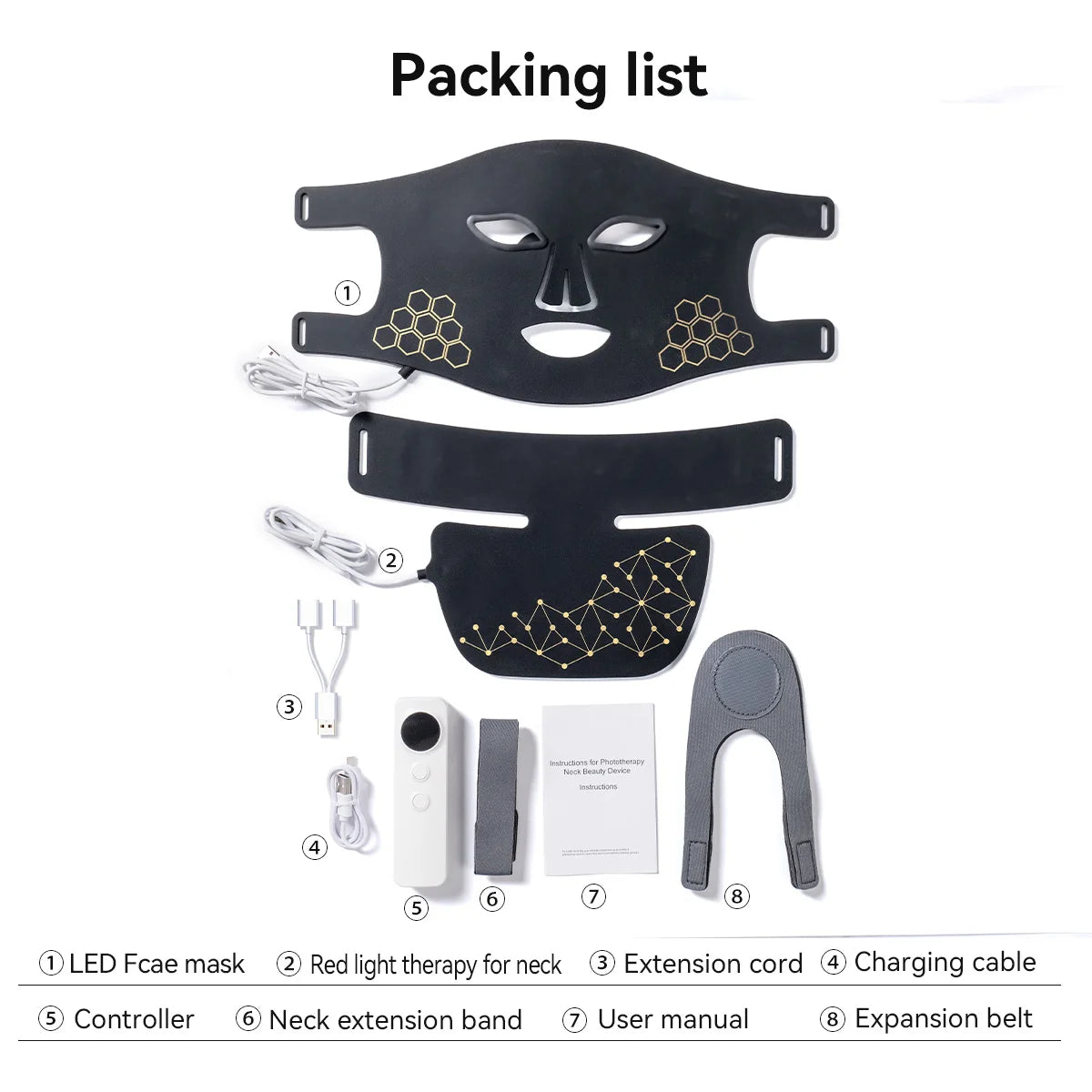 Packing list of a professional red light therapy mask including the mask, extension cord, charging cable, controller, and exp