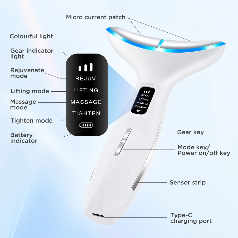 A white multi-mode LED beauty and massage device for neck lifting showing various indicator lights and ports.