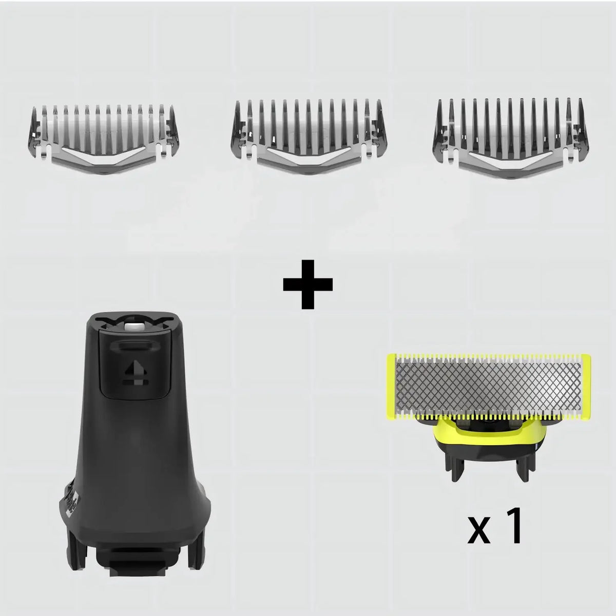 Ersatzklingen-Kit für Trimmer, zeigt drei Metallklingen und eine gelbe Ersatzklinge.