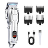 A silver professional cordless hair clipper trimmer set with multiple attachments and a charging cable.