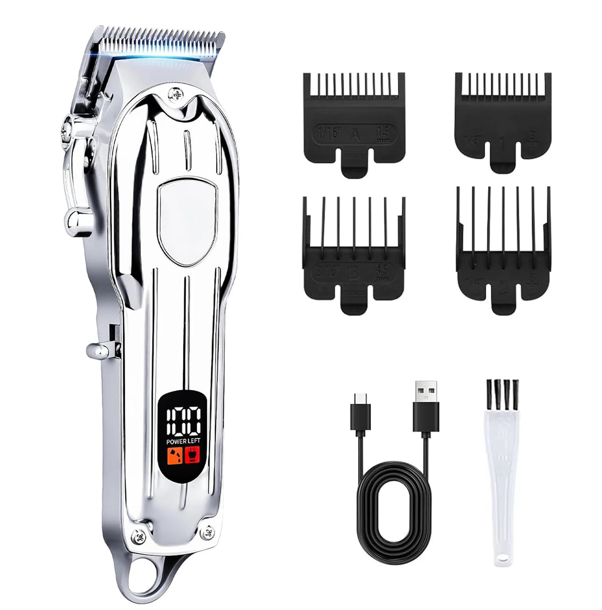 A silver professional cordless hair clipper trimmer set with multiple attachments and a charging cable.