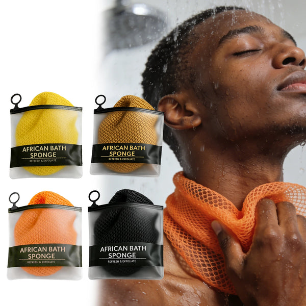 Three exfoliating sponges in yellow, tan, and black are shown being used on a person's skin.
