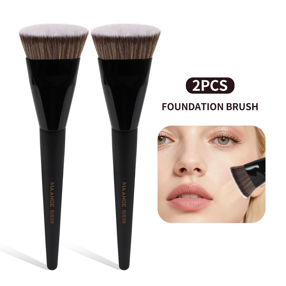 Two black foundation brushes shown next to a close-up of a woman's face demonstrating the product.