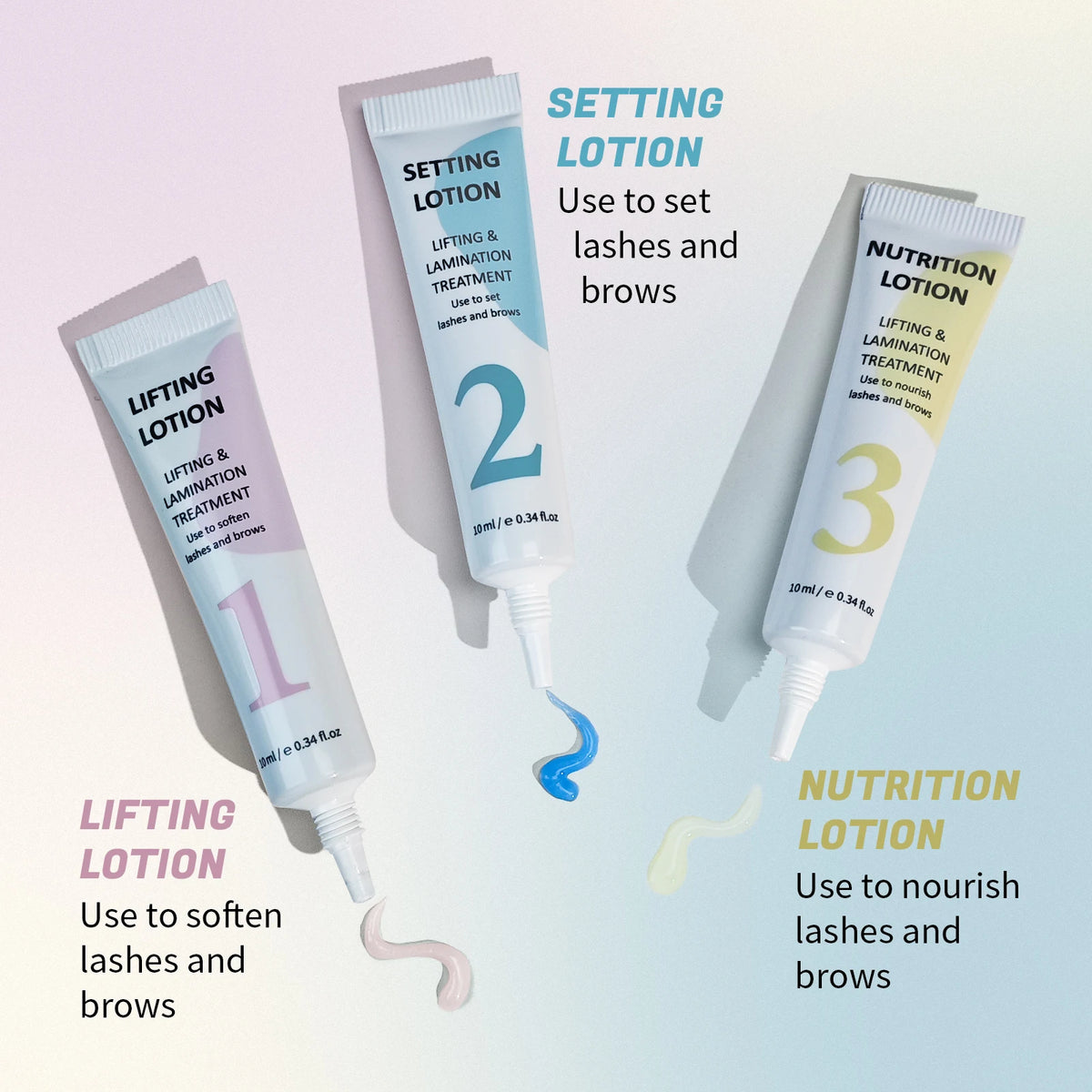 Trois flacons de lotions pour cils et sourcils, étiquetés pour des traitements de lifting, de lamination et de nutrition.
