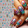 Close-up of fingernails decorated with iridescent and colorful butterfly nail stickers for DIY decoration