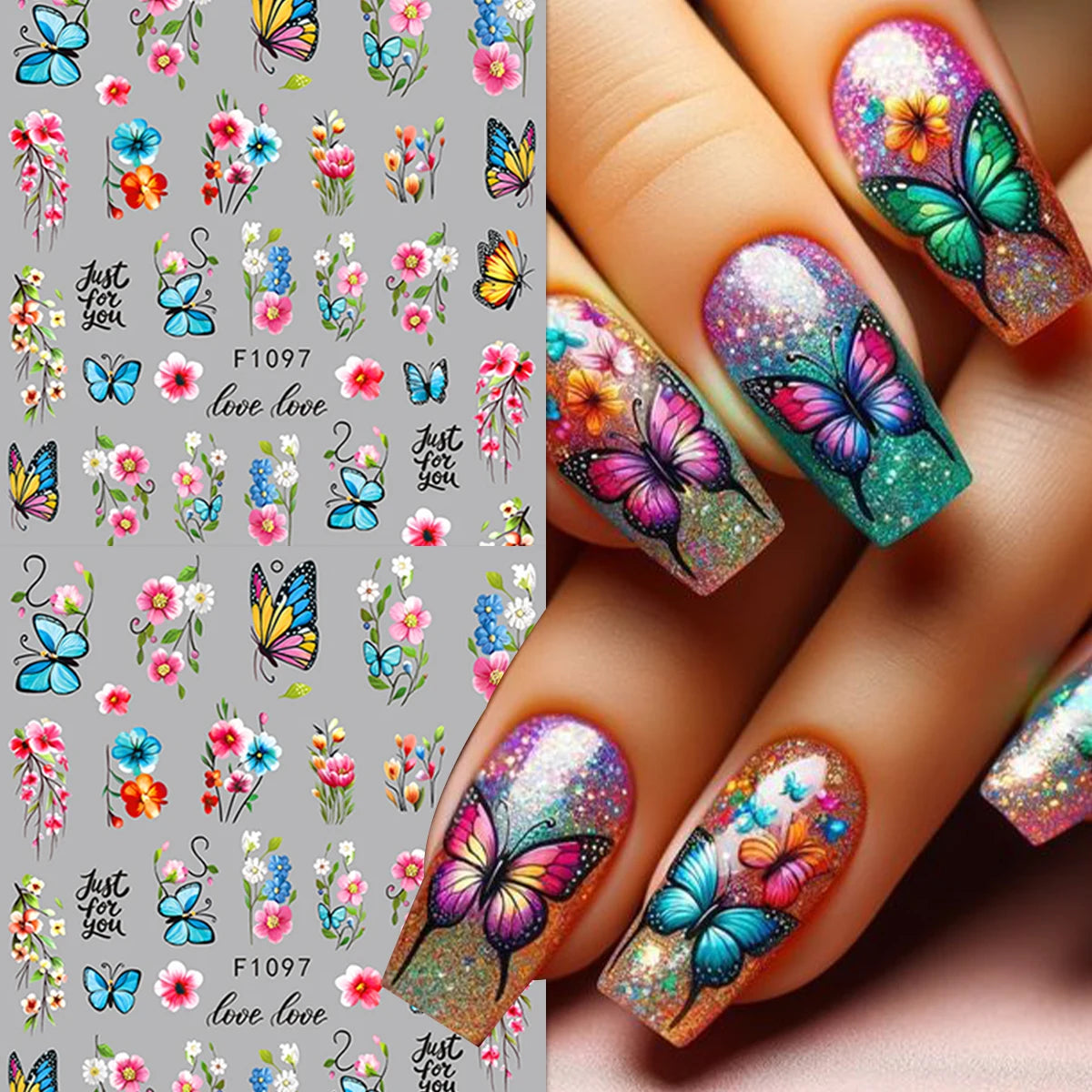 Close-up of fingernails decorated with iridescent and colorful butterfly nail stickers for DIY decoration