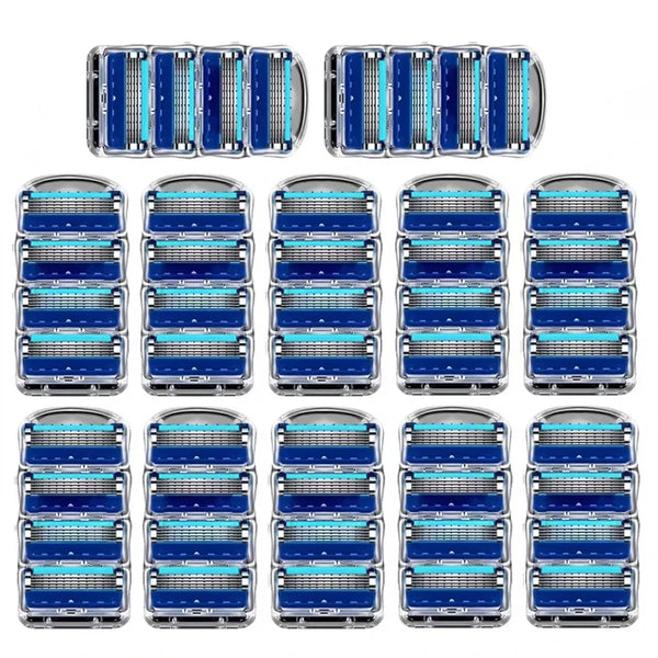 A set of premium five-blade razor replacement heads for men in blue and silver packaging.