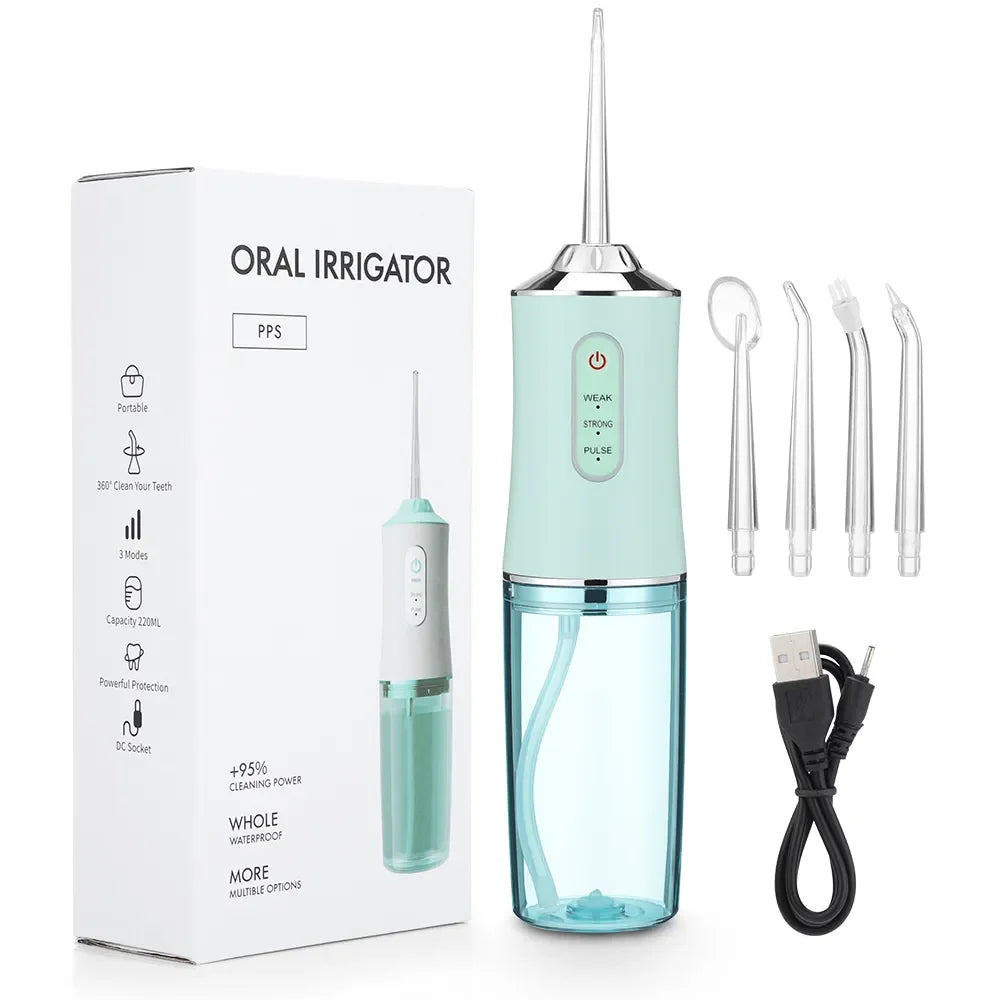 A portable oral irrigator device in light green and clear plastic, shown with its components and charging cable.
