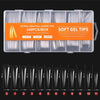 Boîte en plastique transparent avec 240 tips de ongles longs pour manucures DIY, avec guides numérotés.
