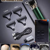 A professional rechargeable hair clipper with multiple limit combs and accessories shown in various sizes.