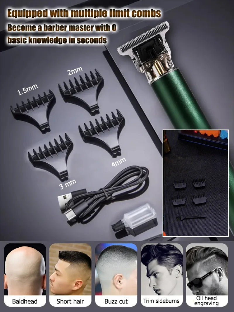 A professional rechargeable hair clipper with multiple limit combs and accessories shown in various sizes.