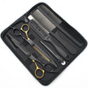 A black case holds professional 6-inch stainless steel hairdressing scissors and combs.