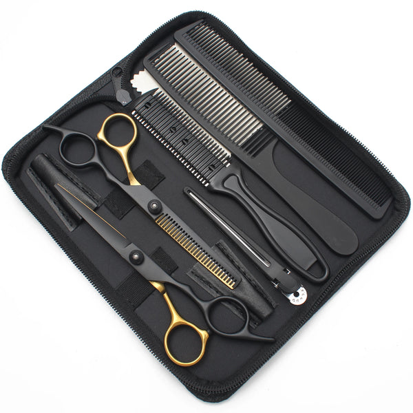 A black case holds professional 6-inch stainless steel hairdressing scissors and combs.