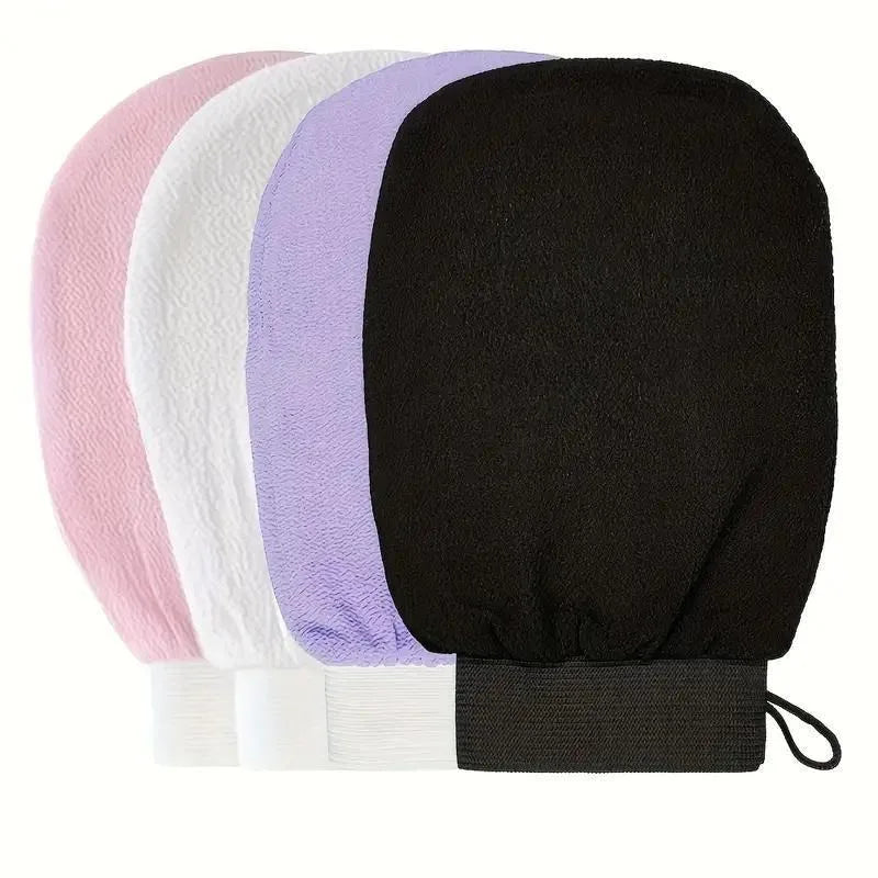 A set of exfoliating body scrubbing gloves in pink, white, lavender, and black.
