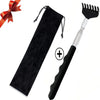 A black travel pouch and a stainless steel telescopic back scratcher tool are shown.