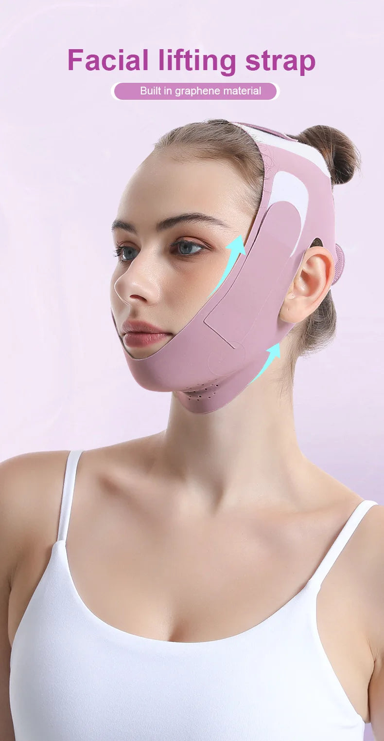 A woman is wearing a pink facial lifting strap built in graphene material on her face.