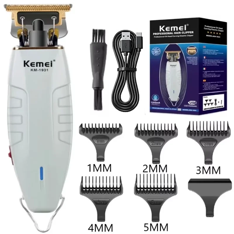 A Kemei professional cordless hair clipper set featuring various sizes of guards for beard and head grooming.