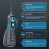 A silver portable oral irrigator device shown with five modes of operation listed beside it.