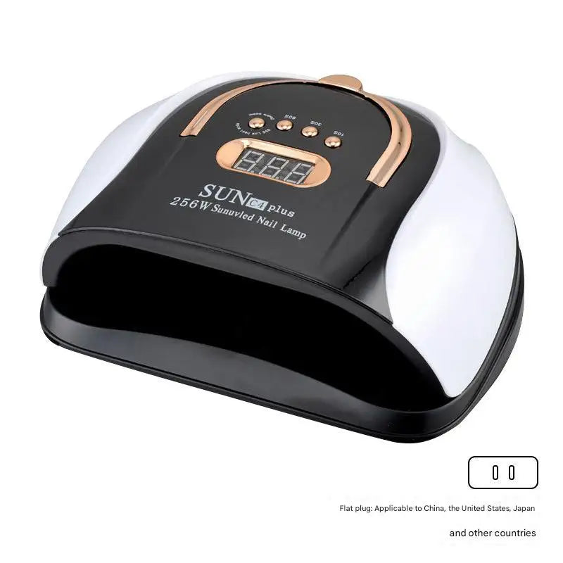 A black and white SUNplus 256W sun-UV nail lamp with a digital display on top.
