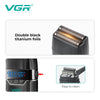 Close-up of a VGR electric beard trimmer showing double black titanium foils and an easy to clean design.