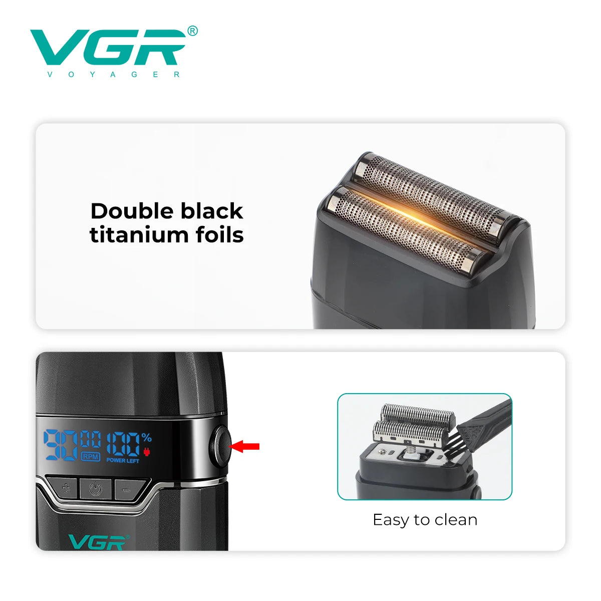 Close-up of a VGR electric beard trimmer showing double black titanium foils and an easy to clean design.