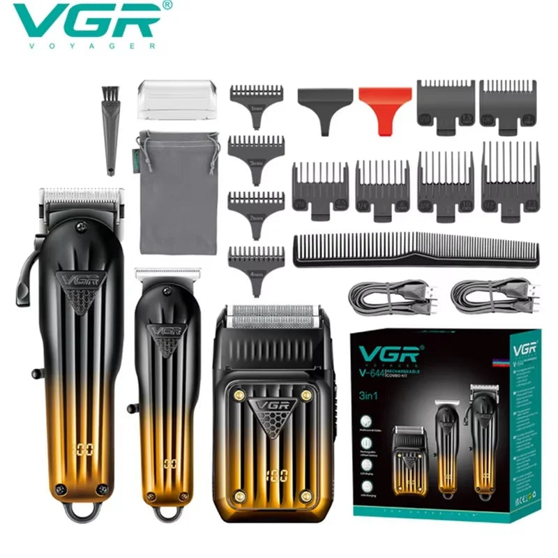 Set professioneller Haarschneider und Trimmer-Werkzeuge in schwarz-goldener Verpackung.