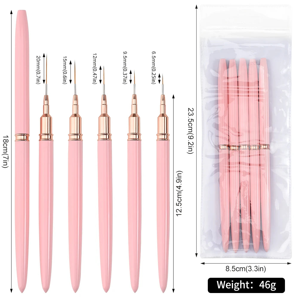 Un set de pinceaux pour liner de nail art roses, montrés sous différents angles et tailles dans un sac en plastique transpare