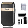 A black electric shaver trimmer with a gold accent, shown next to replacement blades and accessories.