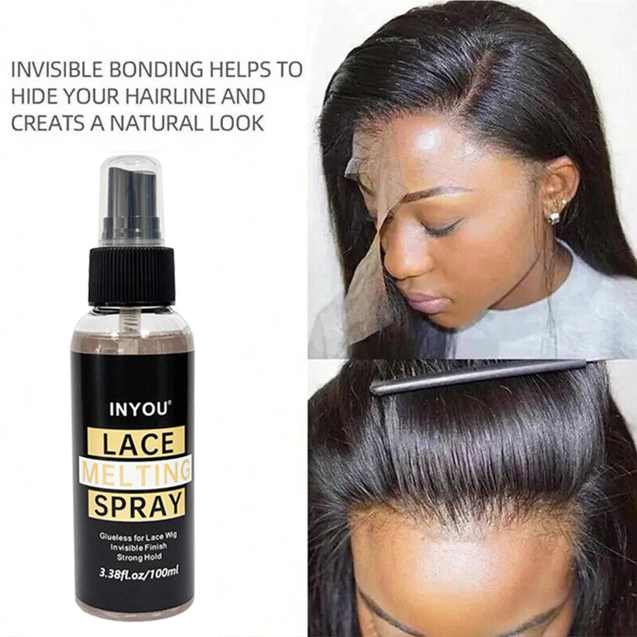 A bottle of Inyou Lace Melting Spray for invisible bonding to hide hairline and create a natural look.