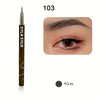 A black ultra-fine liquid eyebrow pen labeled 103 shown next to a close-up of natural brown eyebrows.