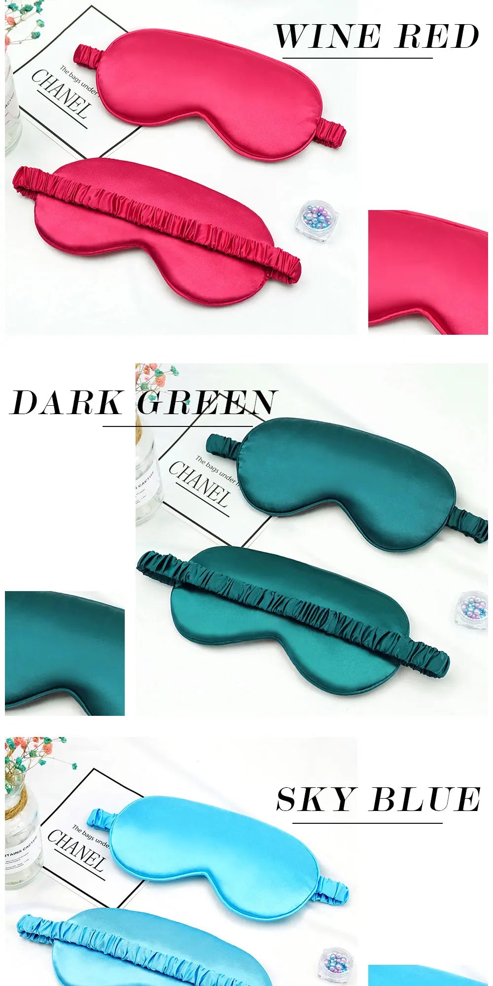 Collection de masques de sommeil en soie imitant dans le rouge vin, le vert foncé et le bleu ciel, montrés sous divers angles