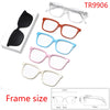 A collection of various colored and style eyeglasses frames shown with a frame size reference.