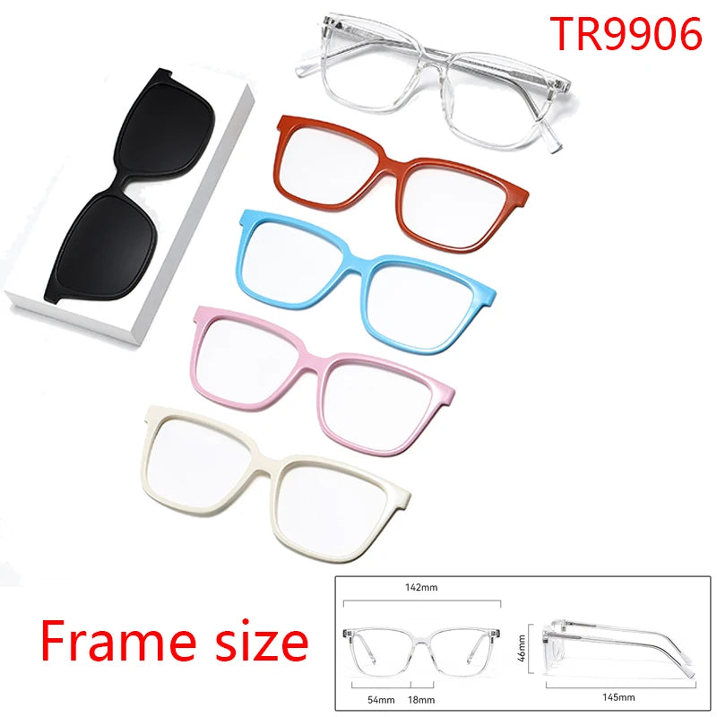 A collection of various colored and style eyeglasses frames shown with a frame size reference.