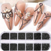 A set of gold mixed stainless steel bead nail art decorations displayed on fingernails and in a clear plastic container.