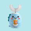 A light blue, cute, cartoon-themed electric toothbrush for kids with a white brush head.