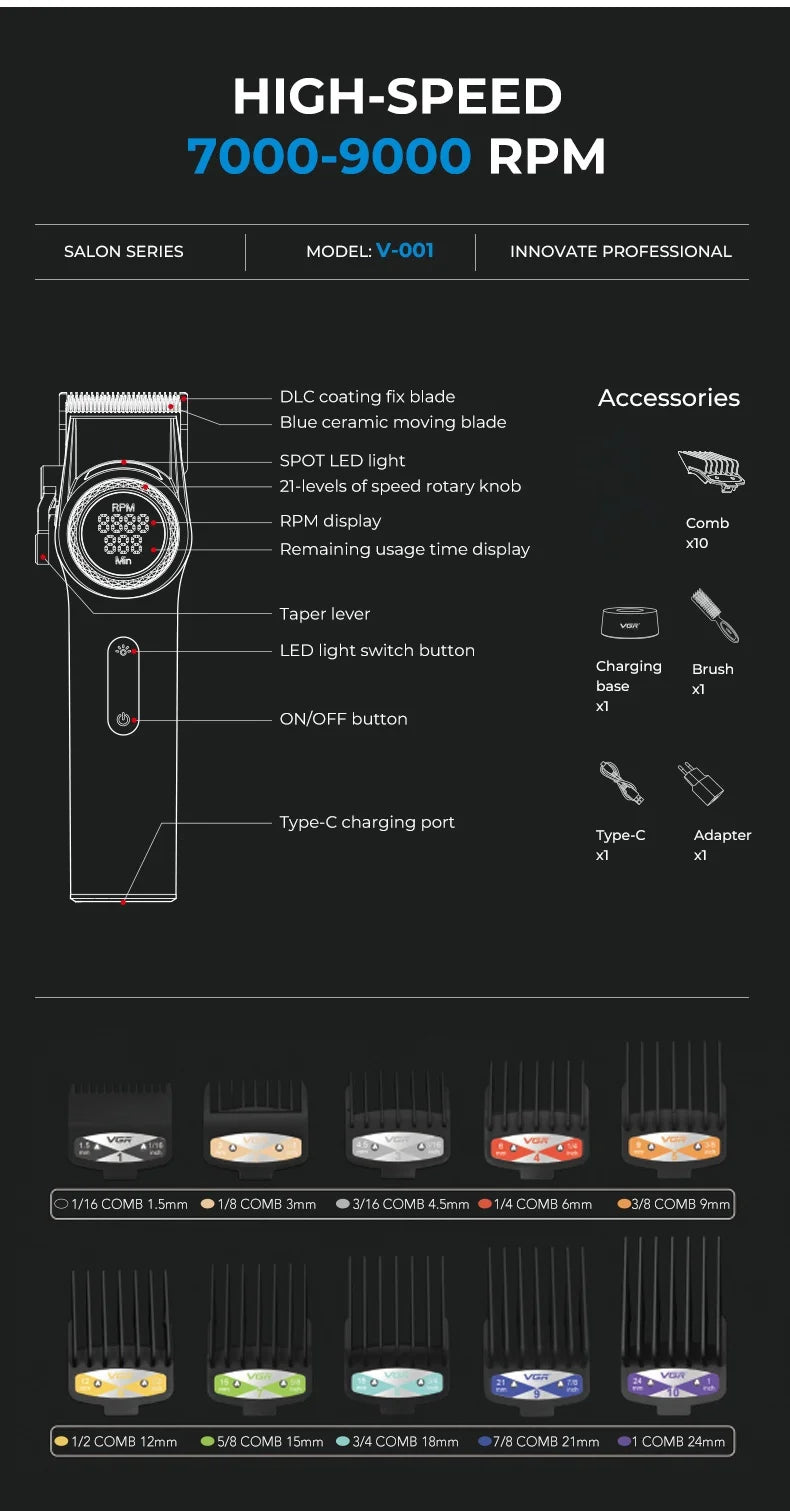 A professional rotary hair trimmer with adjustable blades and various accessories is shown.