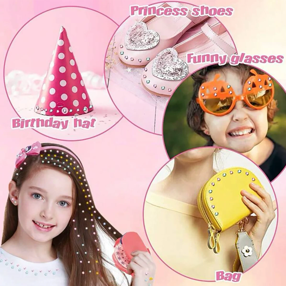 A collection of pink birthday items including a hat, funny glasses, and a bag, alongside a girl with glitter hair.