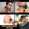 Nahaufnahmen eines professionellen elektrischen Trimmers zum Trimmen von Bart und Haaren, die scharfe Klingen und eine Doppel