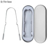 A stainless steel tongue scraper and a separate oval cleaning pad for oral hygiene.