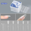 A clear plastic container holds 100 matte finish false gel nail tips in various sizes and shapes, shown alongside examples on